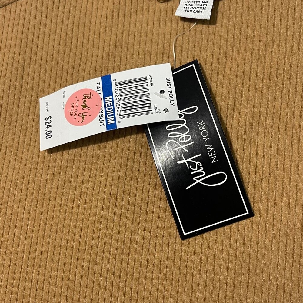 Just Polly Juniors' Long Bell-Sleeve Ribbed Bodysuit - Camel Tan, Size M, New - Picture 5 of 12